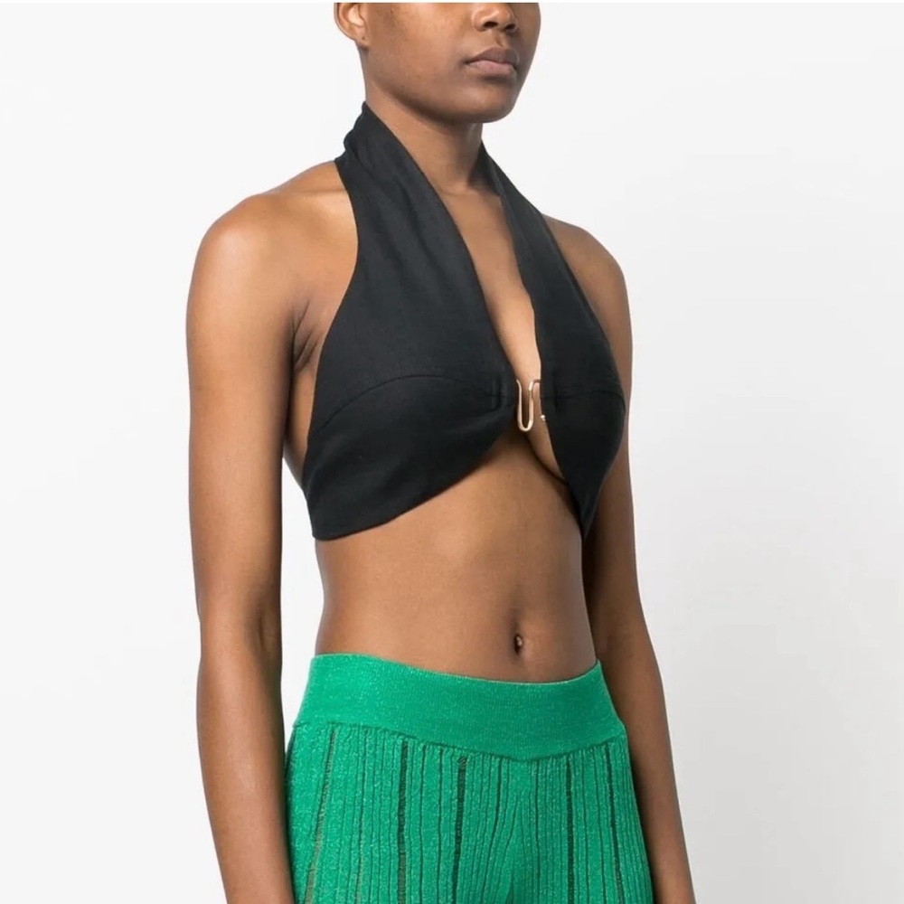 cult gaia Black Halter Crop Top with Center Hardware
